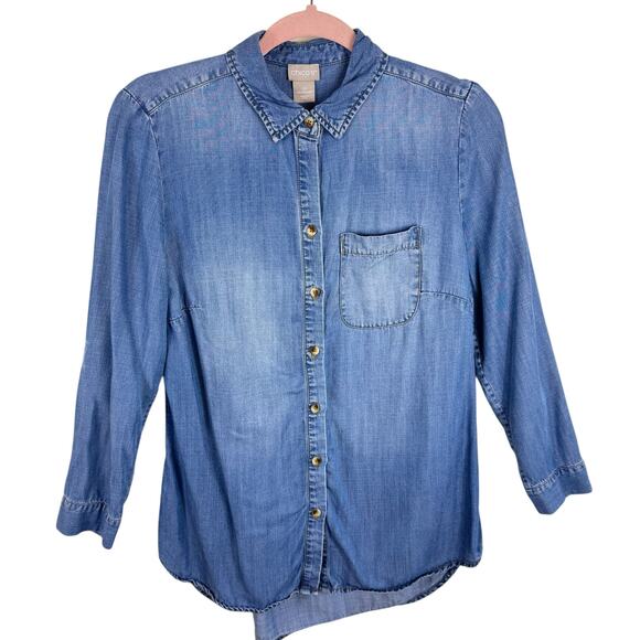 Chico's Tencel Collared Roll Tab Sleeve Lightweight Button Up Shirt Size SP - Picture 1 of 7